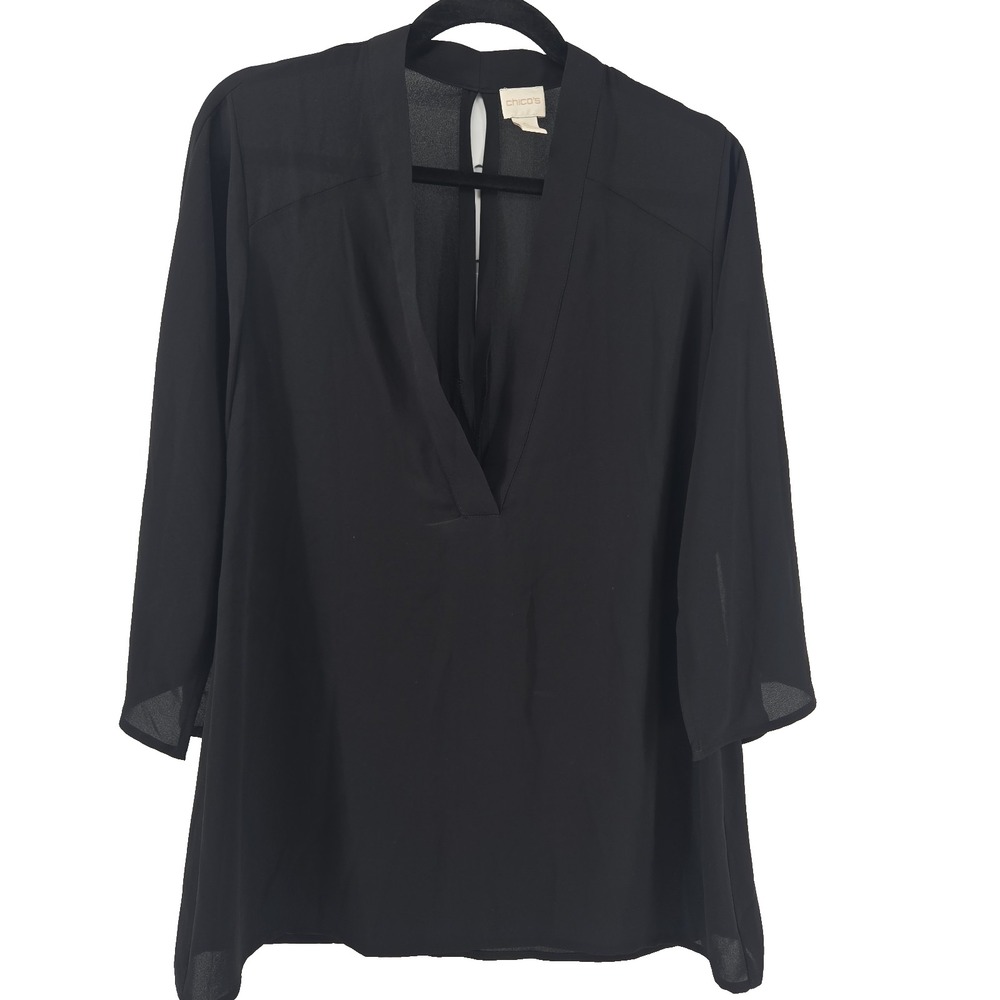 Chico's Size 0 Black Chiffon V-neck Split Arm Blouse Top